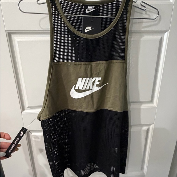 Nike Tops - Nike Olive Green and Black Mesh Athletic Tank with White Logo